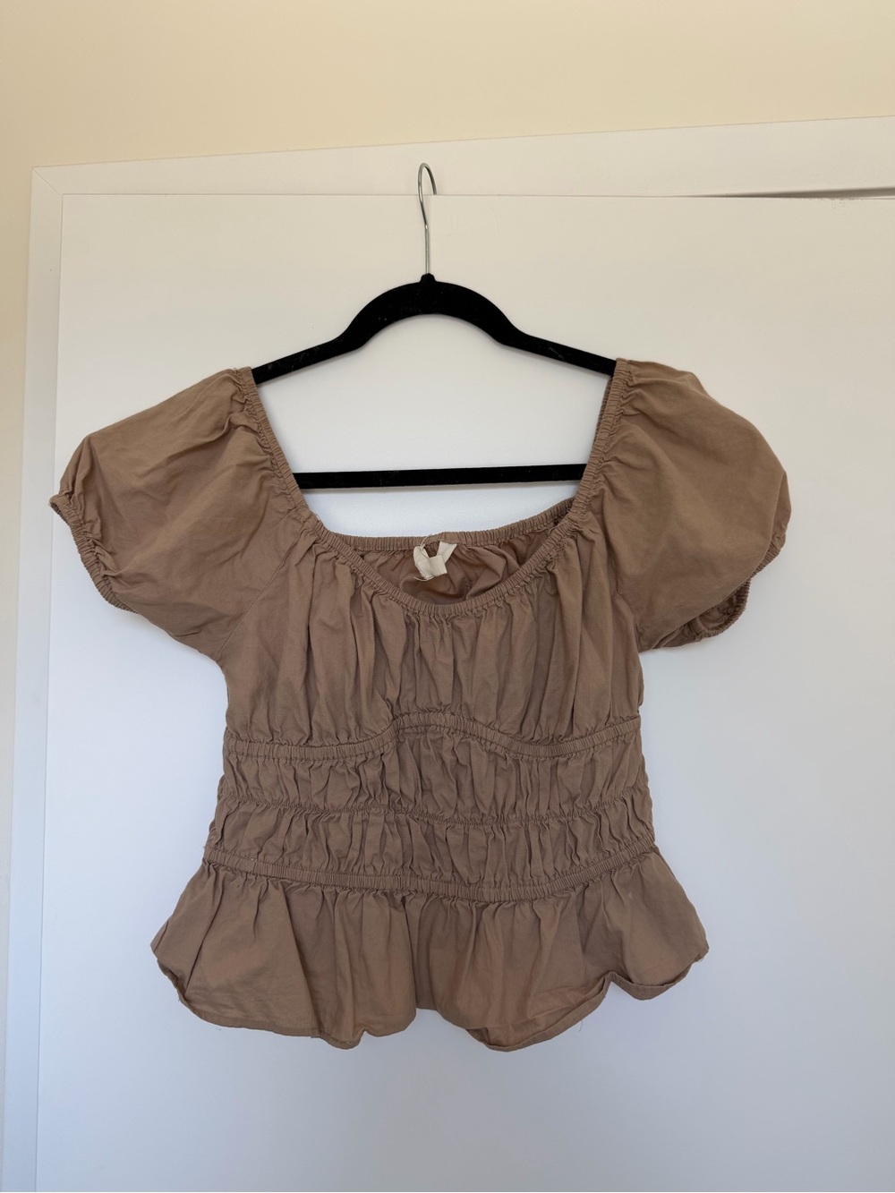 Smocked Peplum Short Sleeve Top - Taupe